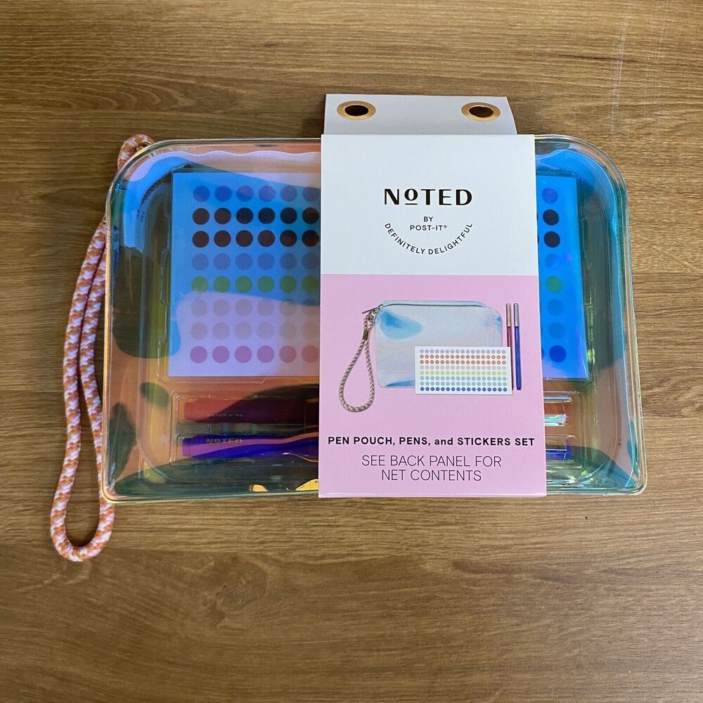 NWT Noted By Post It Plastic Transparent Iridescent Pen Pencil Pouch Stickers